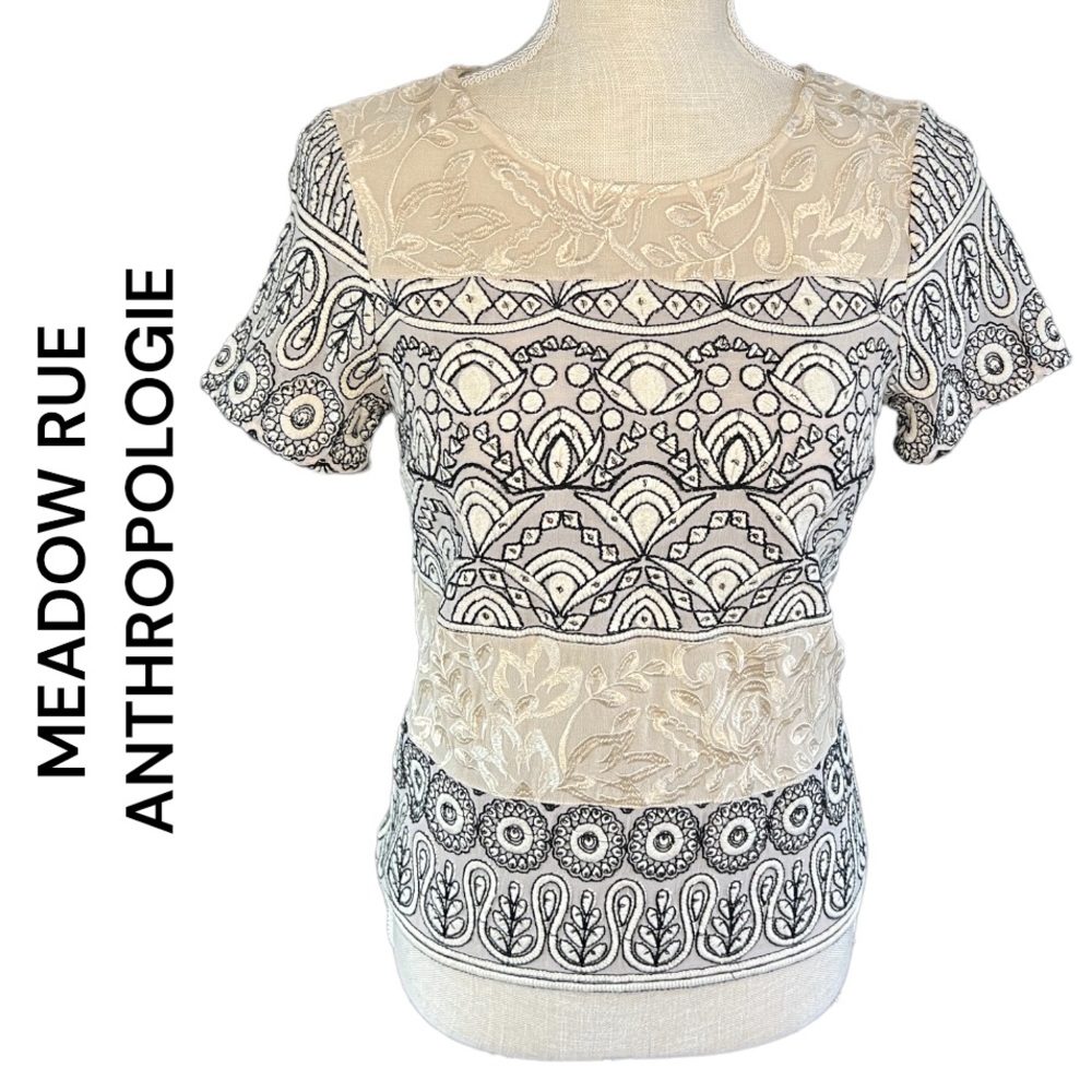 MEADOW RUE ANTHROPOLOGIE FRIEZE Cream Black Gray Embroidered Sequin Mesh 4